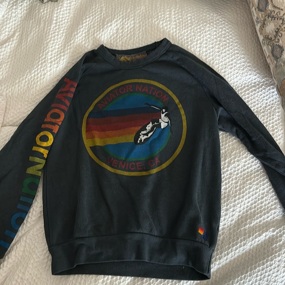 Aviator Nation Black Sweatshirt with Rainbow Logo
